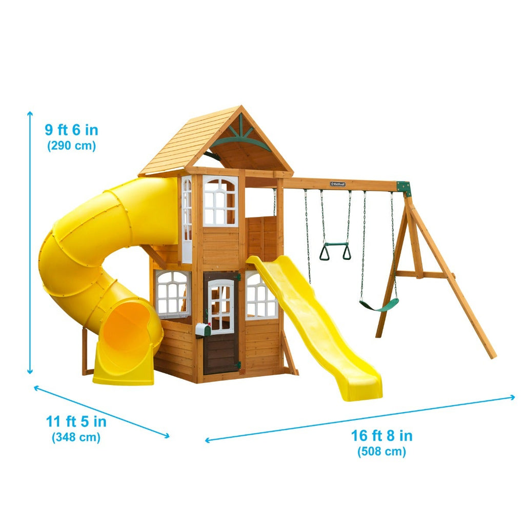 Wooden Outdoor Swing Set with Swings and Wave Slide