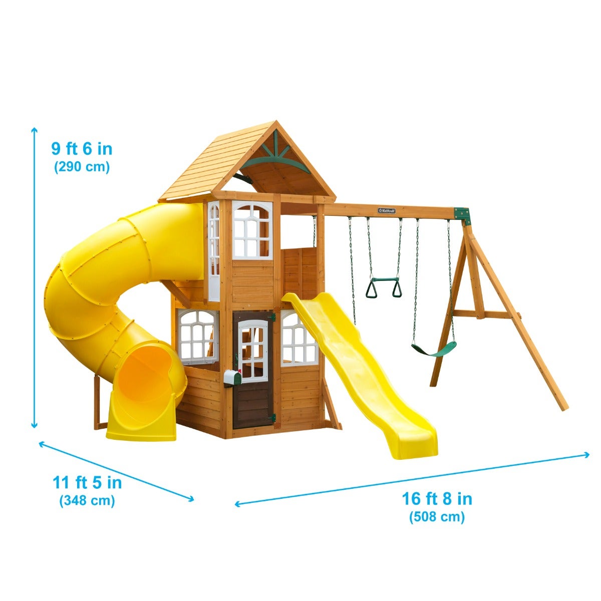 Wooden Outdoor Swing Set with Swings and Wave Slide