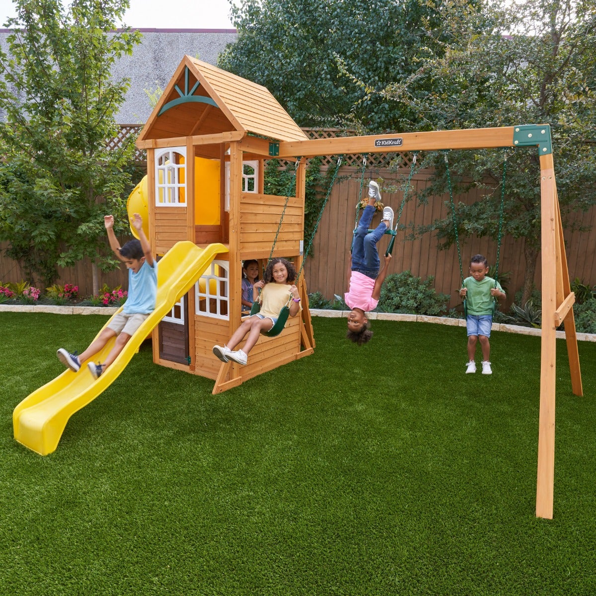 Wooden Outdoor Swing Set with Swings and Wave Slide