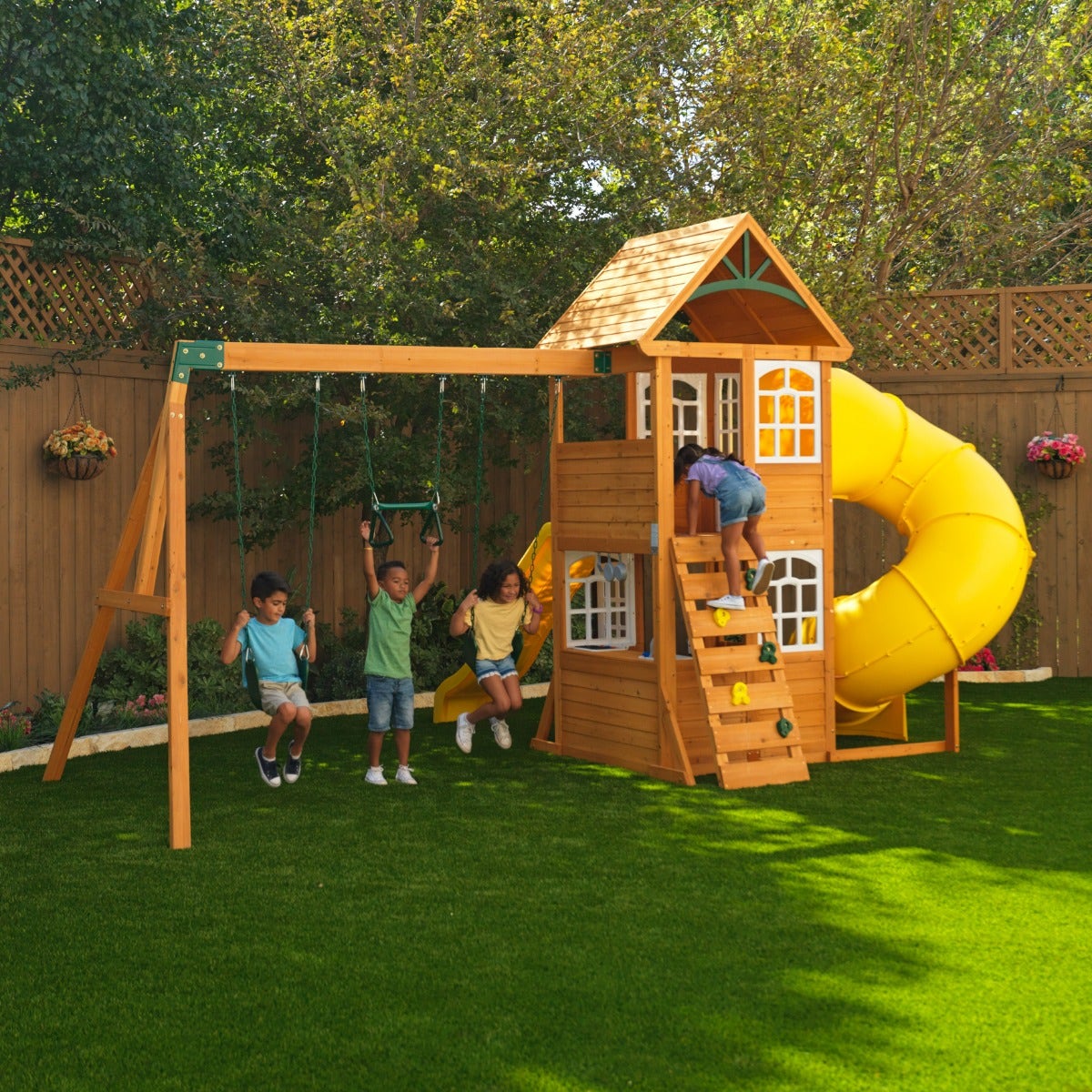 Wooden Outdoor Swing Set with Swings and Wave Slide