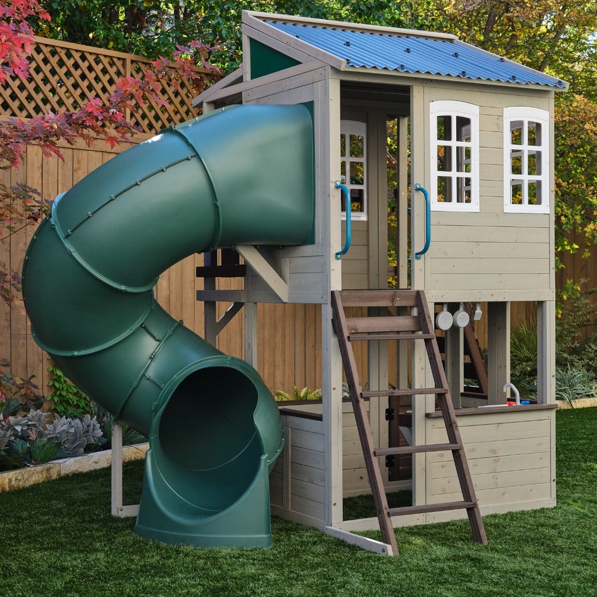 Outdoor Playhouse with Slide and Climbing Wall