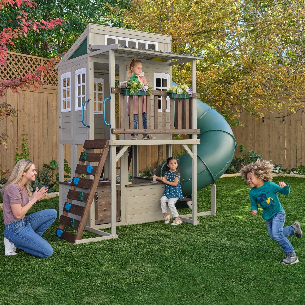 Outdoor Playhouse with Slide and Climbing Wall