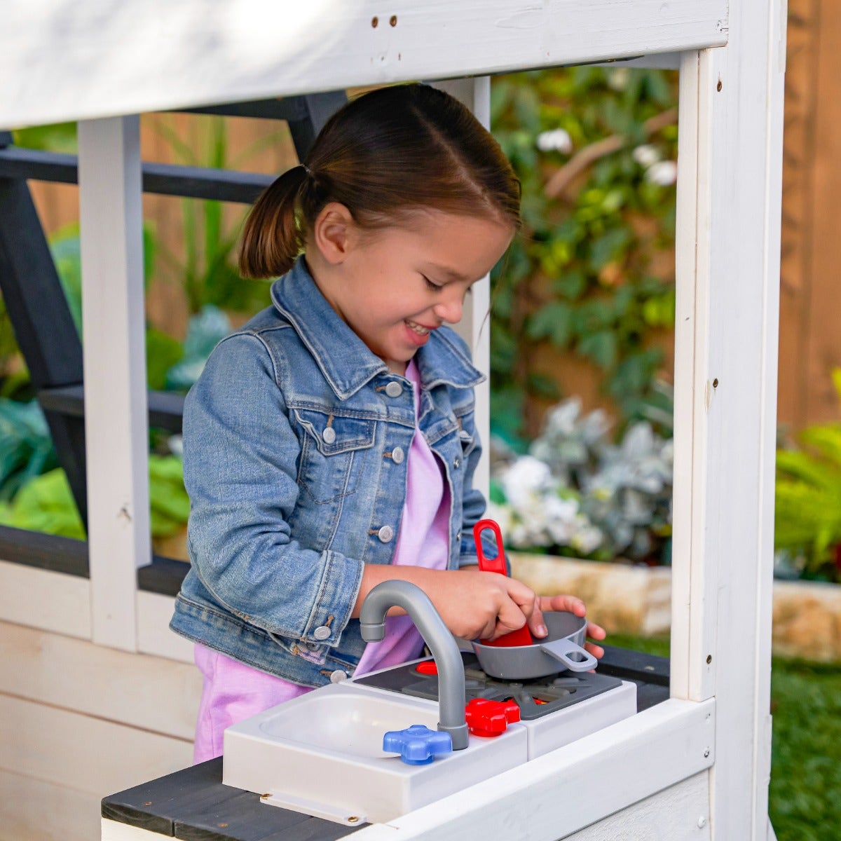 Wooden Outdoor Swing Set with Swings and Wave Slide