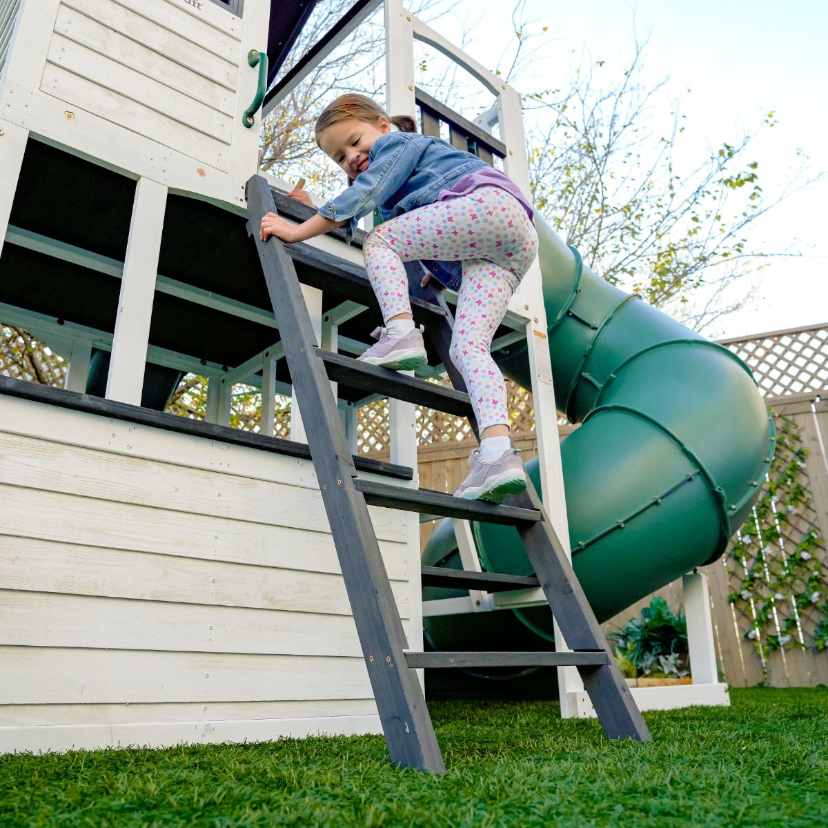 Wooden Outdoor Swing Set with Swings and Wave Slide