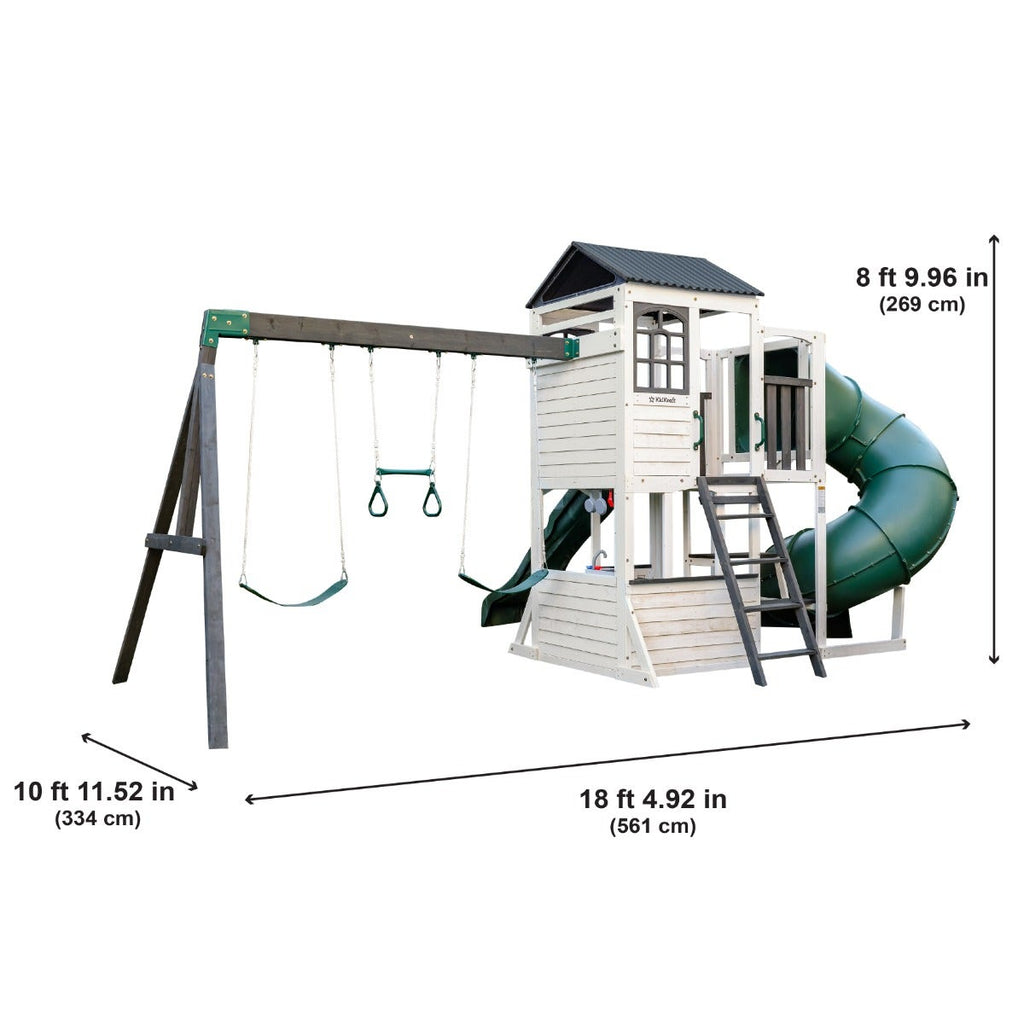 Wooden Outdoor Swing Set with Swings and Wave Slide