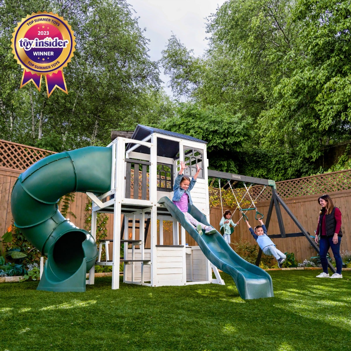 Wooden Outdoor Swing Set with Swings and Wave Slide