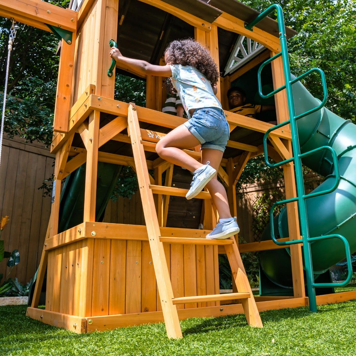 Wooden Outdoor Swing Set with Swings and Wave Slide
