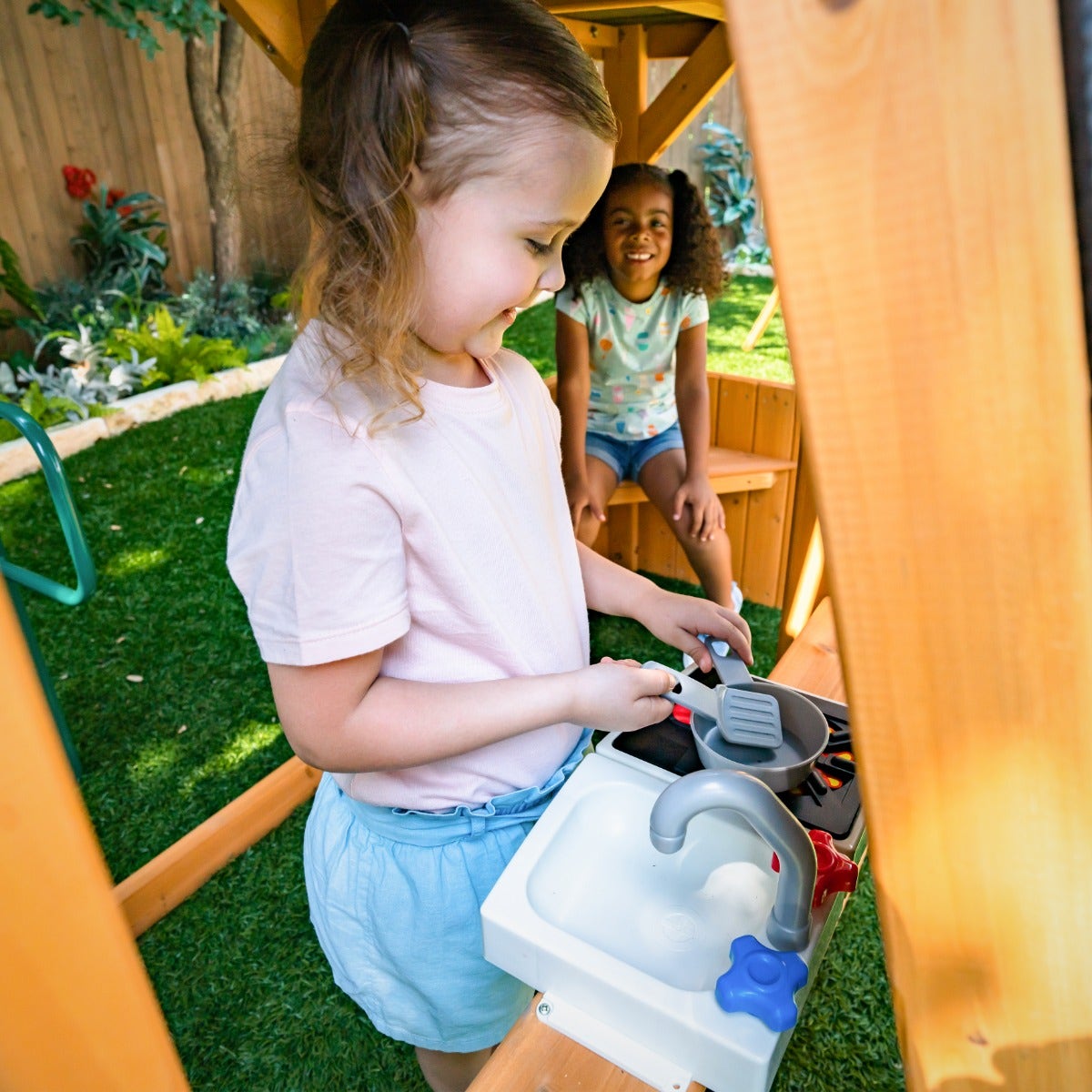 Wooden Outdoor Swing Set with Swings and Wave Slide