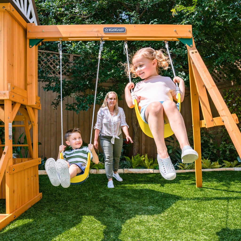 Wooden Outdoor Swing Set with Swings and Wave Slide