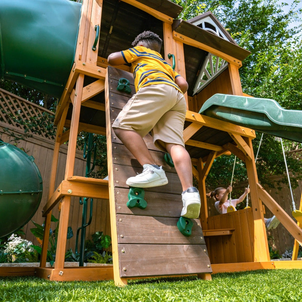 Wooden Outdoor Swing Set with Swings and Wave Slide