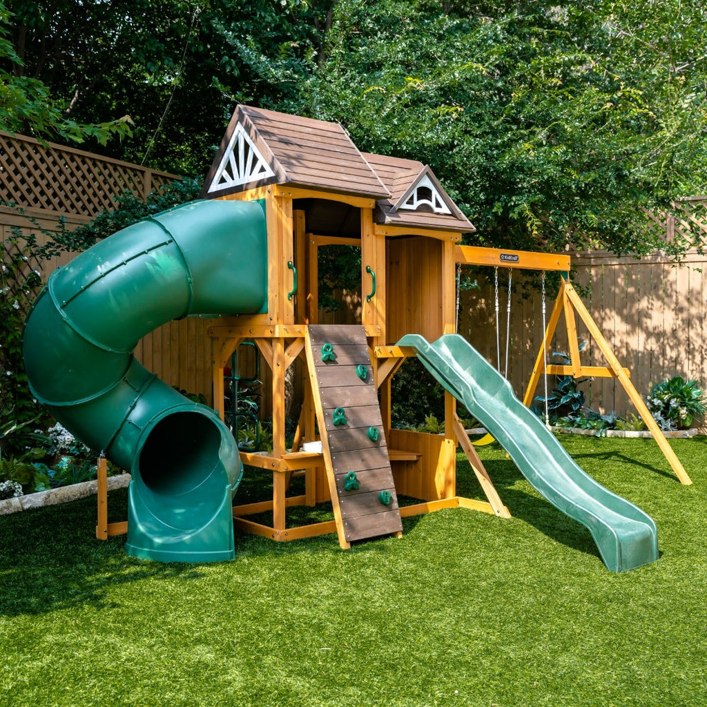 Wooden Outdoor Swing Set with Swings and Wave Slide