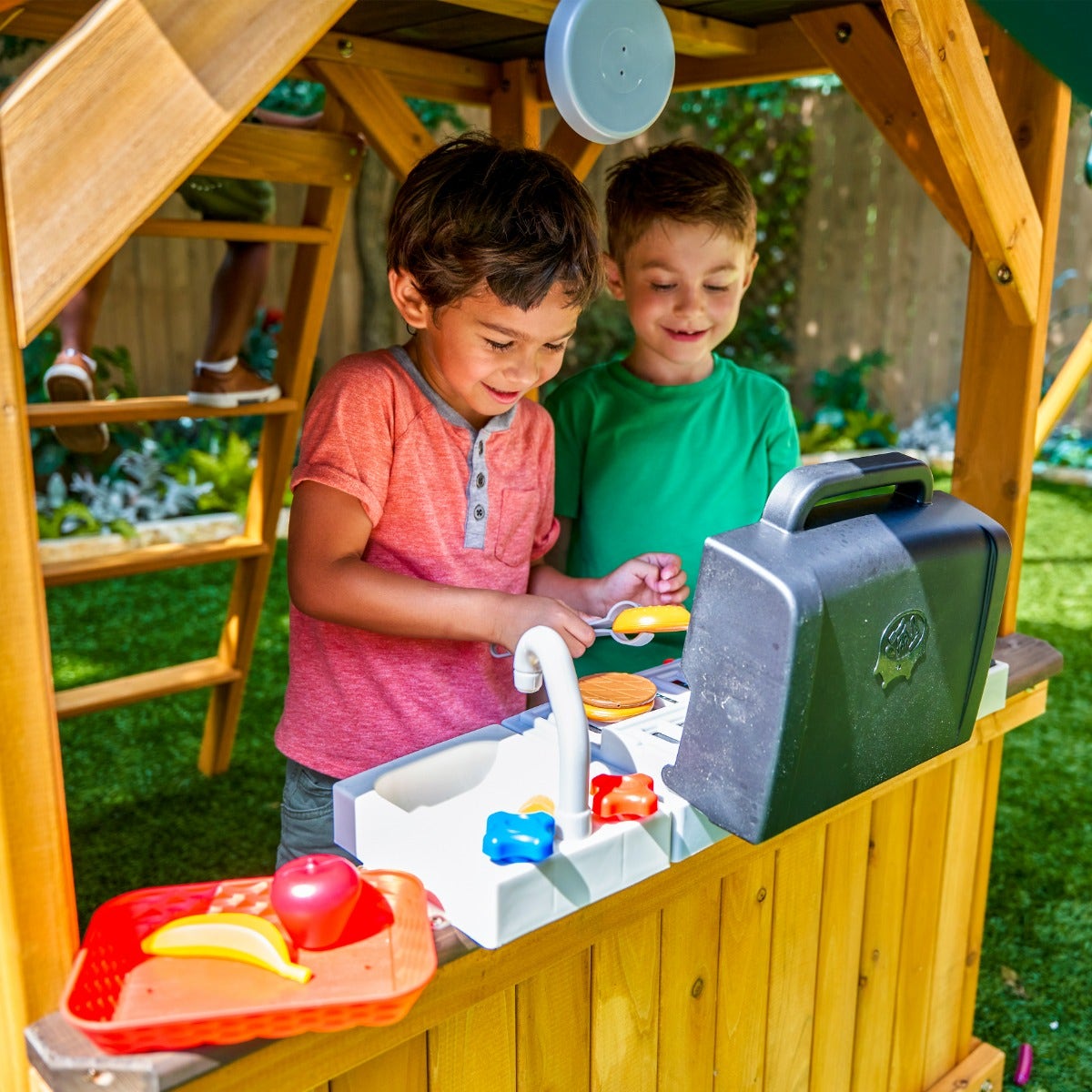 Wooden Outdoor Swing Set with Swings and Wave Slide