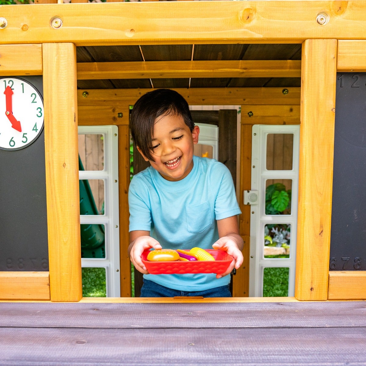 Wooden Outdoor Swing Set with Swings and Wave Slide