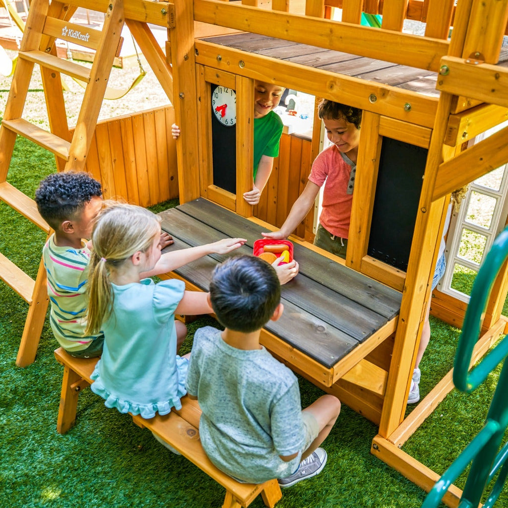 Wooden Outdoor Swing Set with Swings and Wave Slide