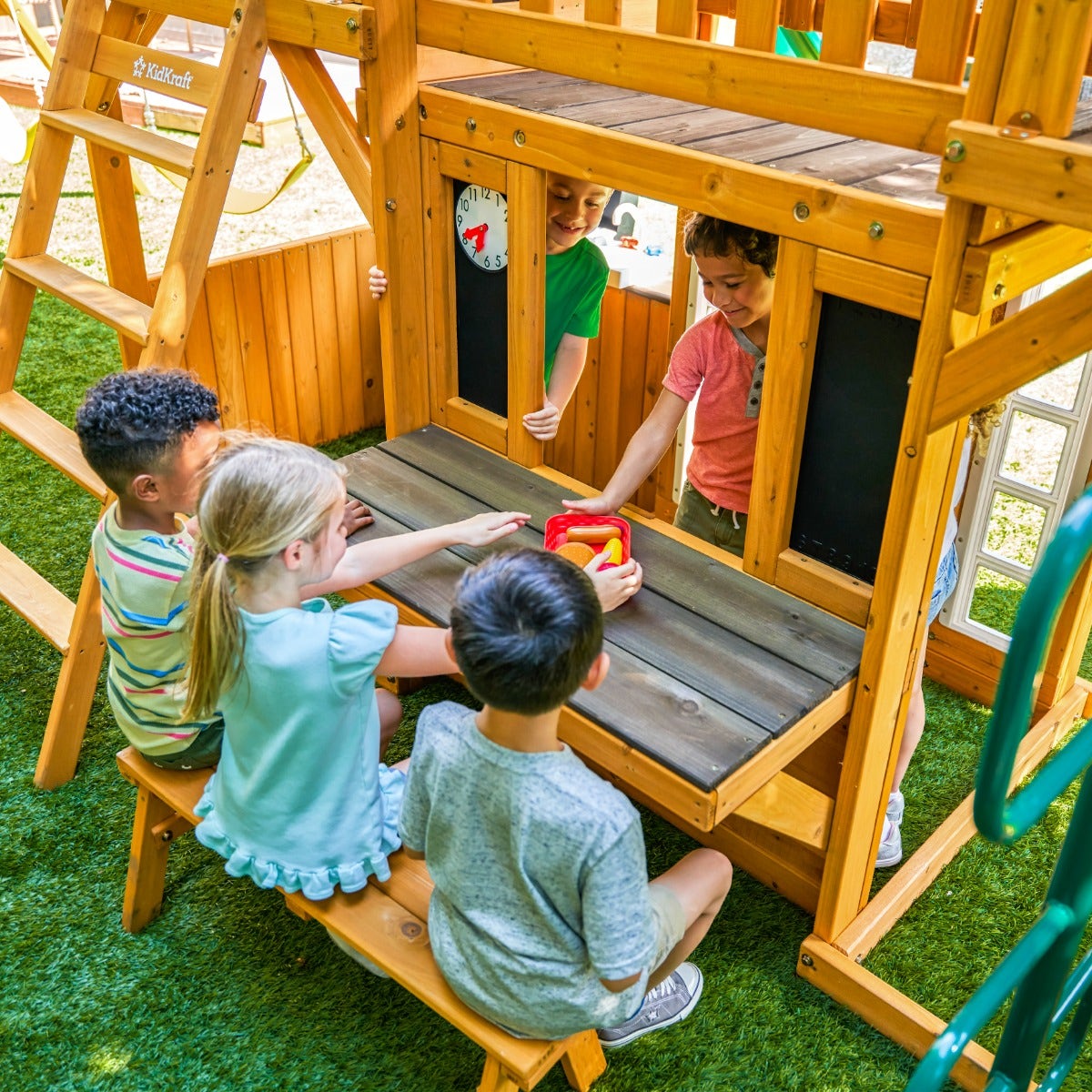 Wooden Outdoor Swing Set with Swings and Wave Slide