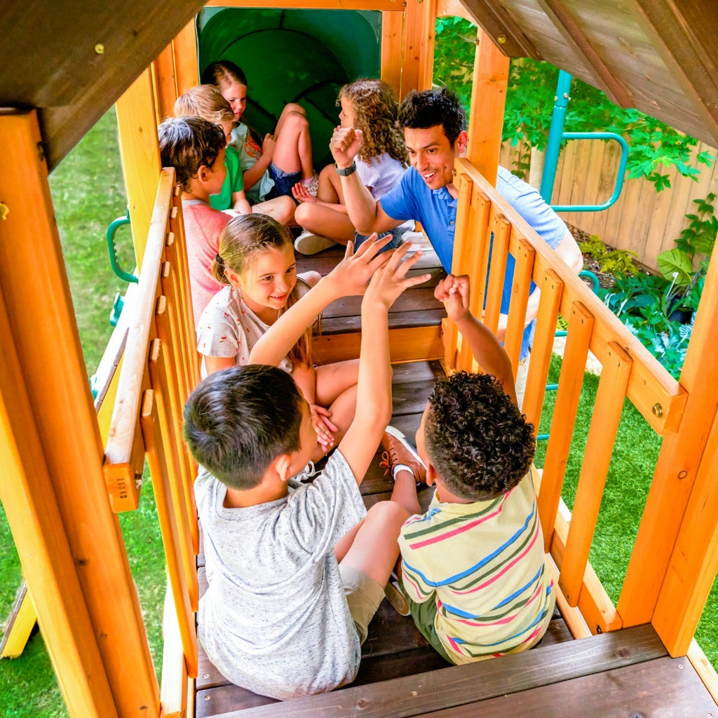 Wooden Outdoor Swing Set with Swings and Wave Slide