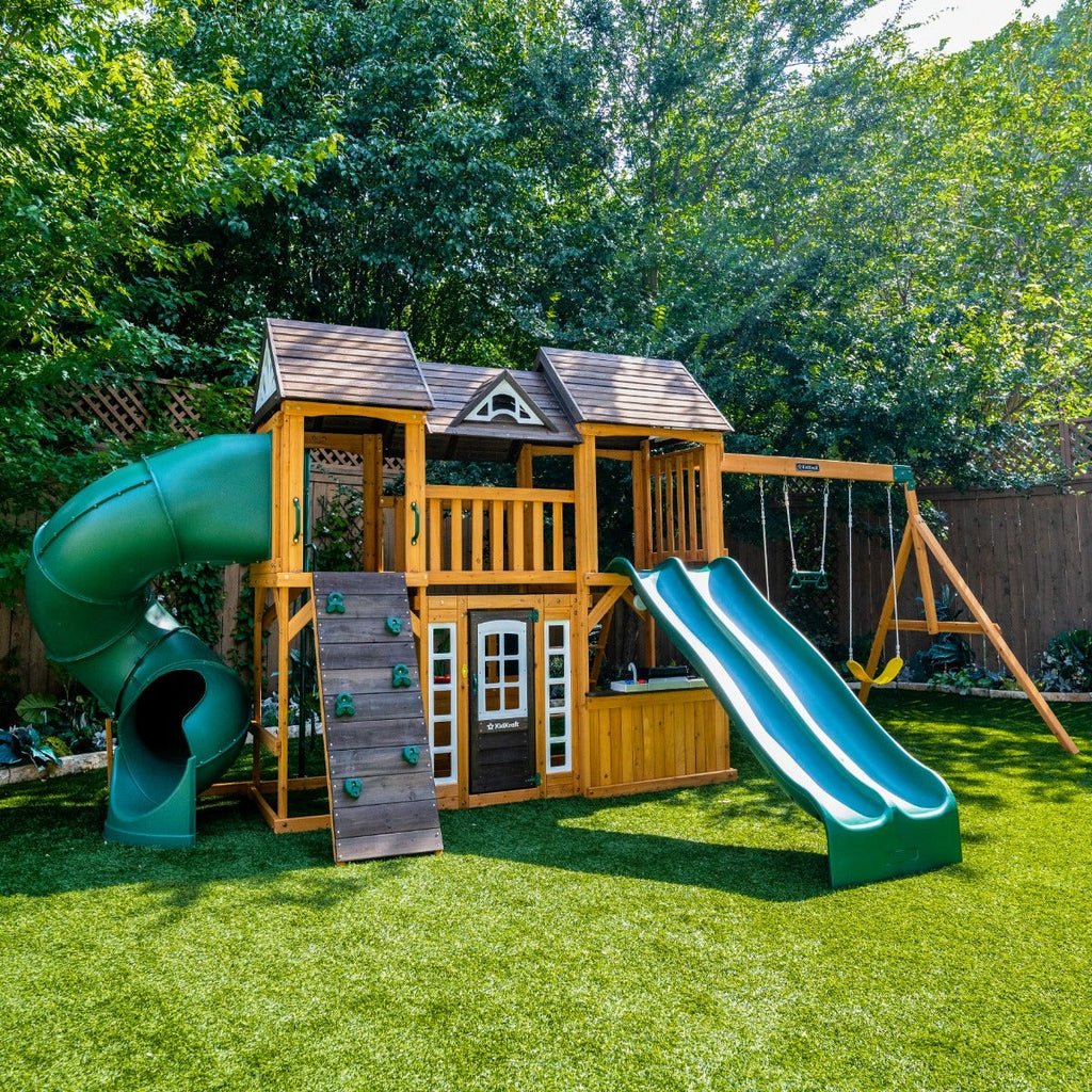 Wooden Outdoor Swing Set with Swings and Wave Slide