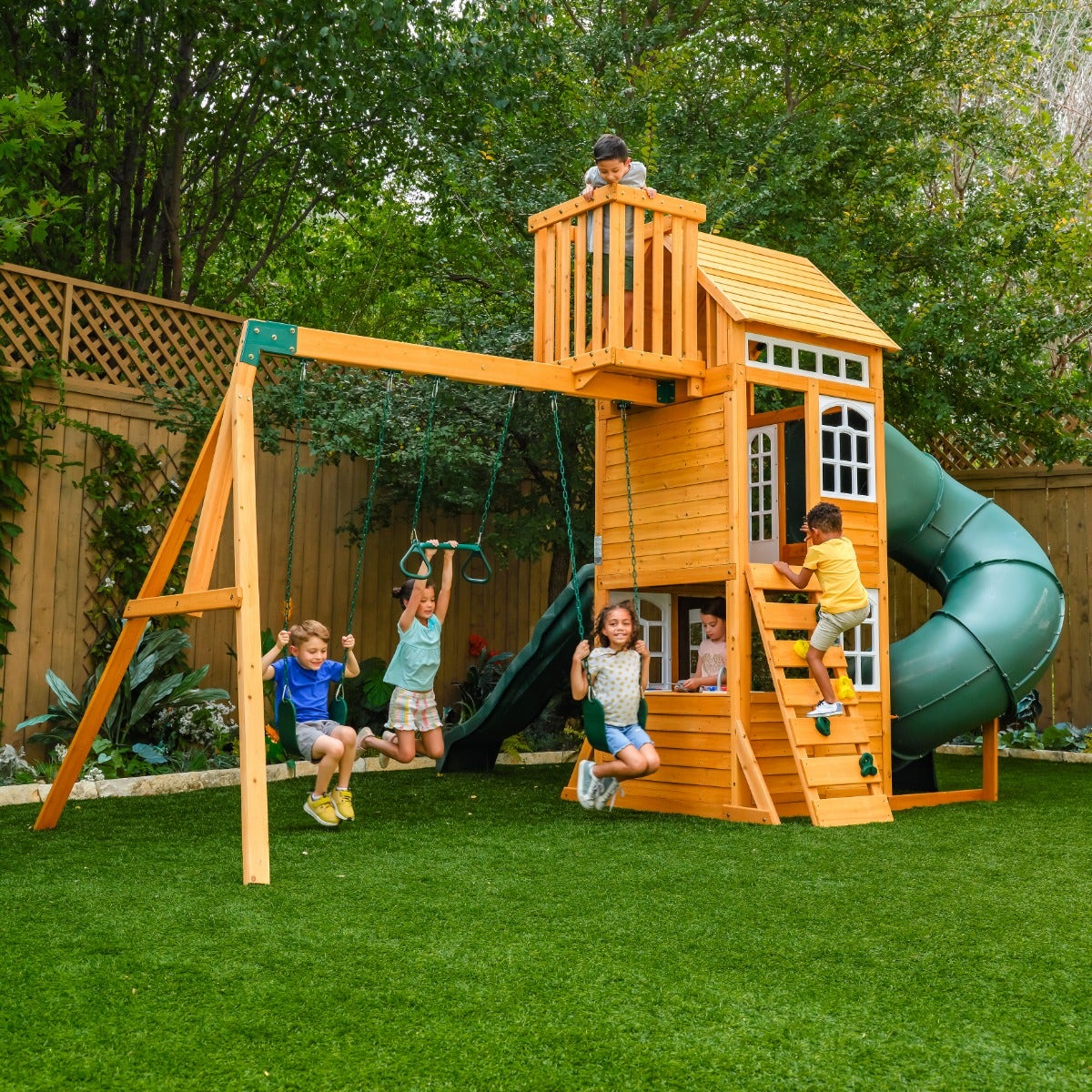 Wooden Outdoor Swing Set with Swings and Wave Slide