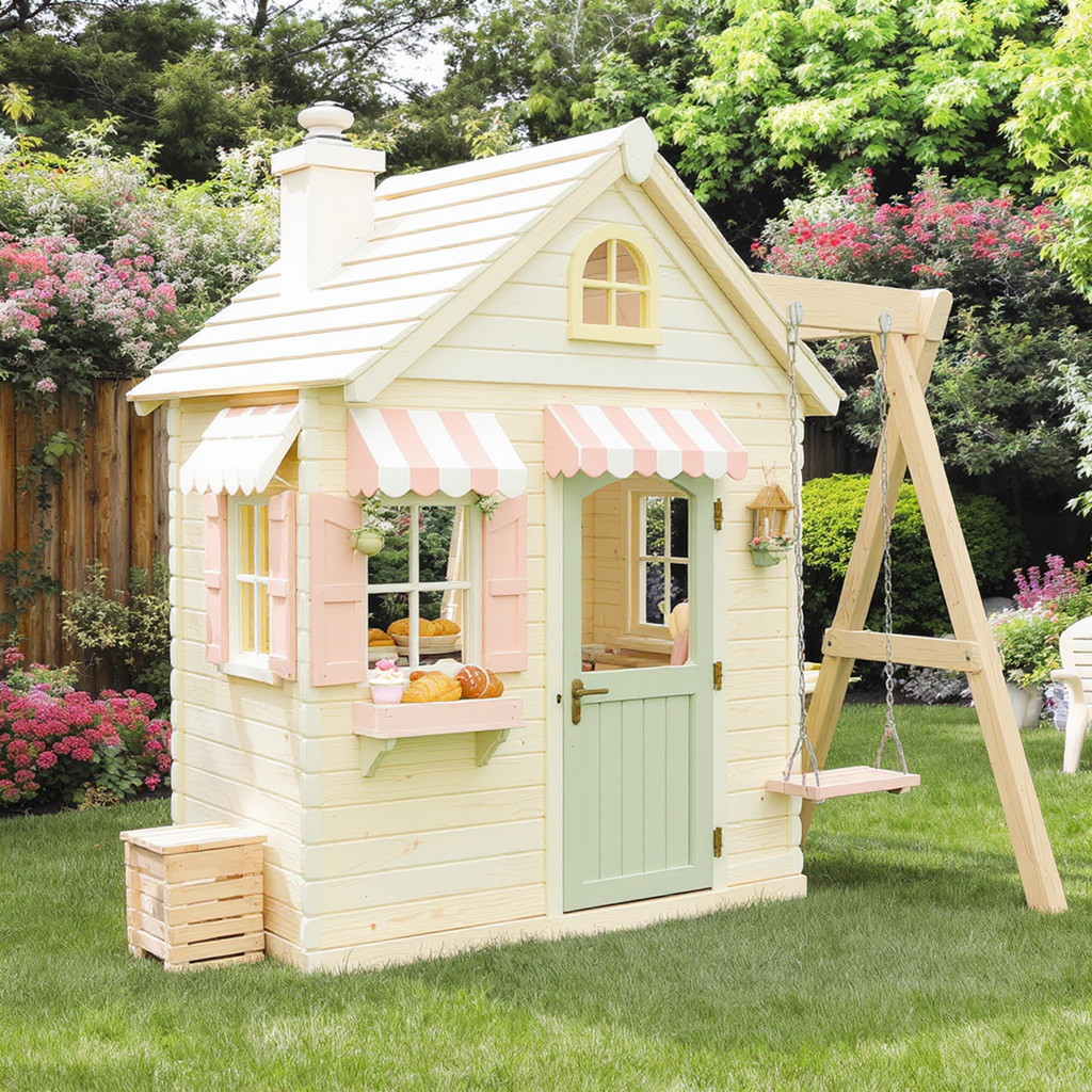Bakery-Themed Playhouse with Outdoor Swing Set