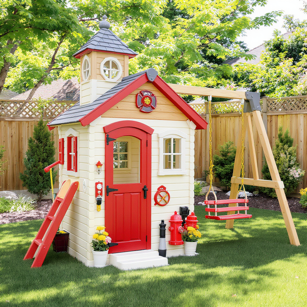 Fire Station Playhouse with Outdoor Swing Set