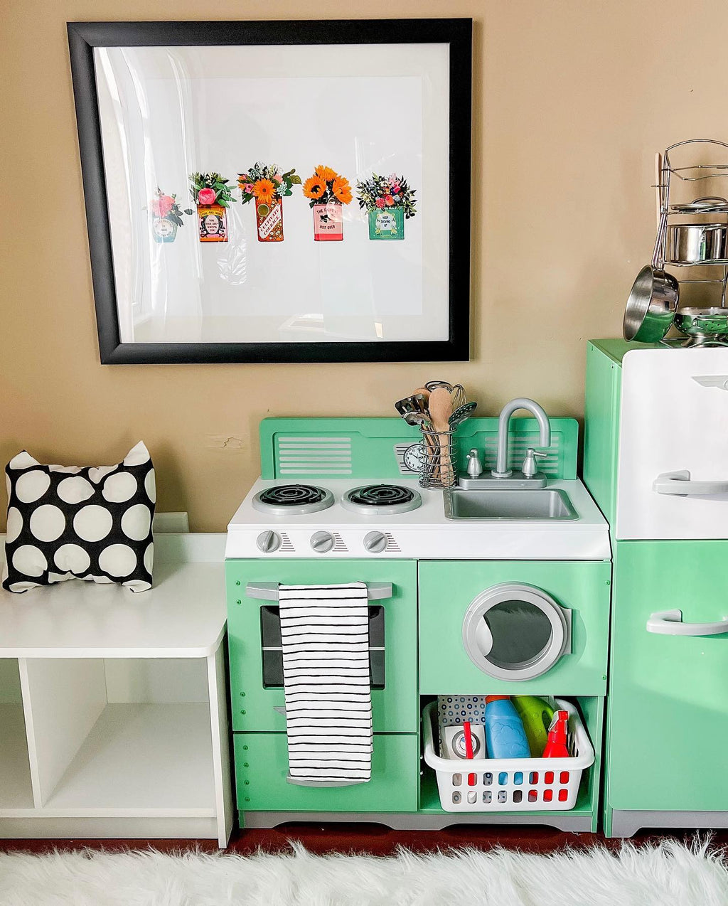 Kids Pretend Play Kitchen with Storage and Toy Refrigerator