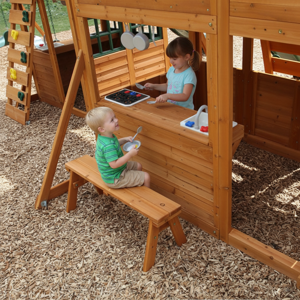 Wooden Outdoor Swing Set with Swings and Wave Slide