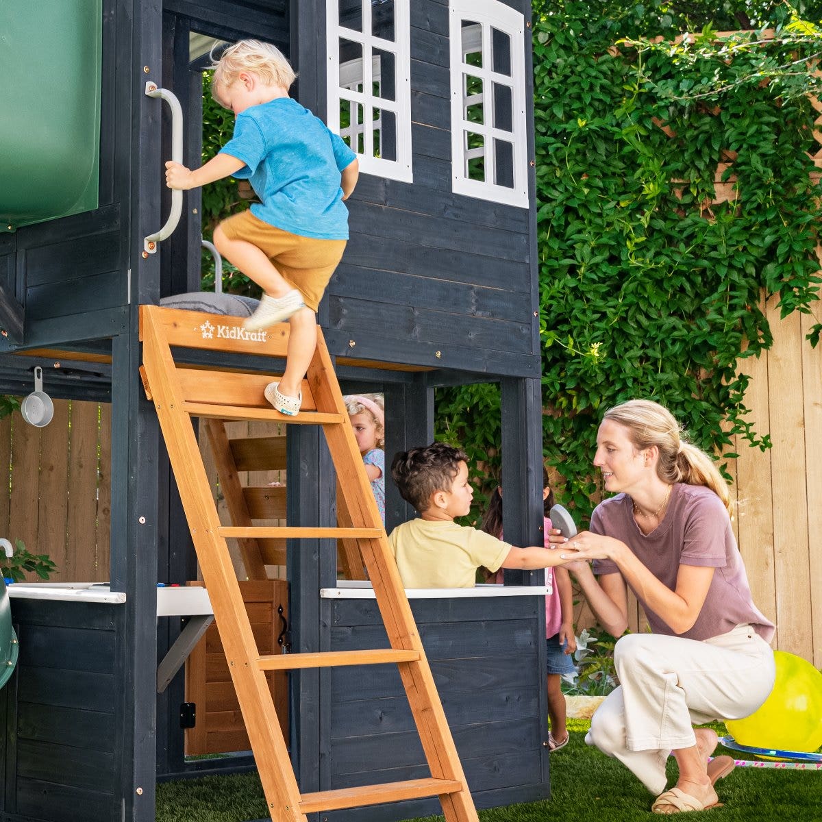 Outdoor Playhouse with Slide and Climbing Wall - Navy
