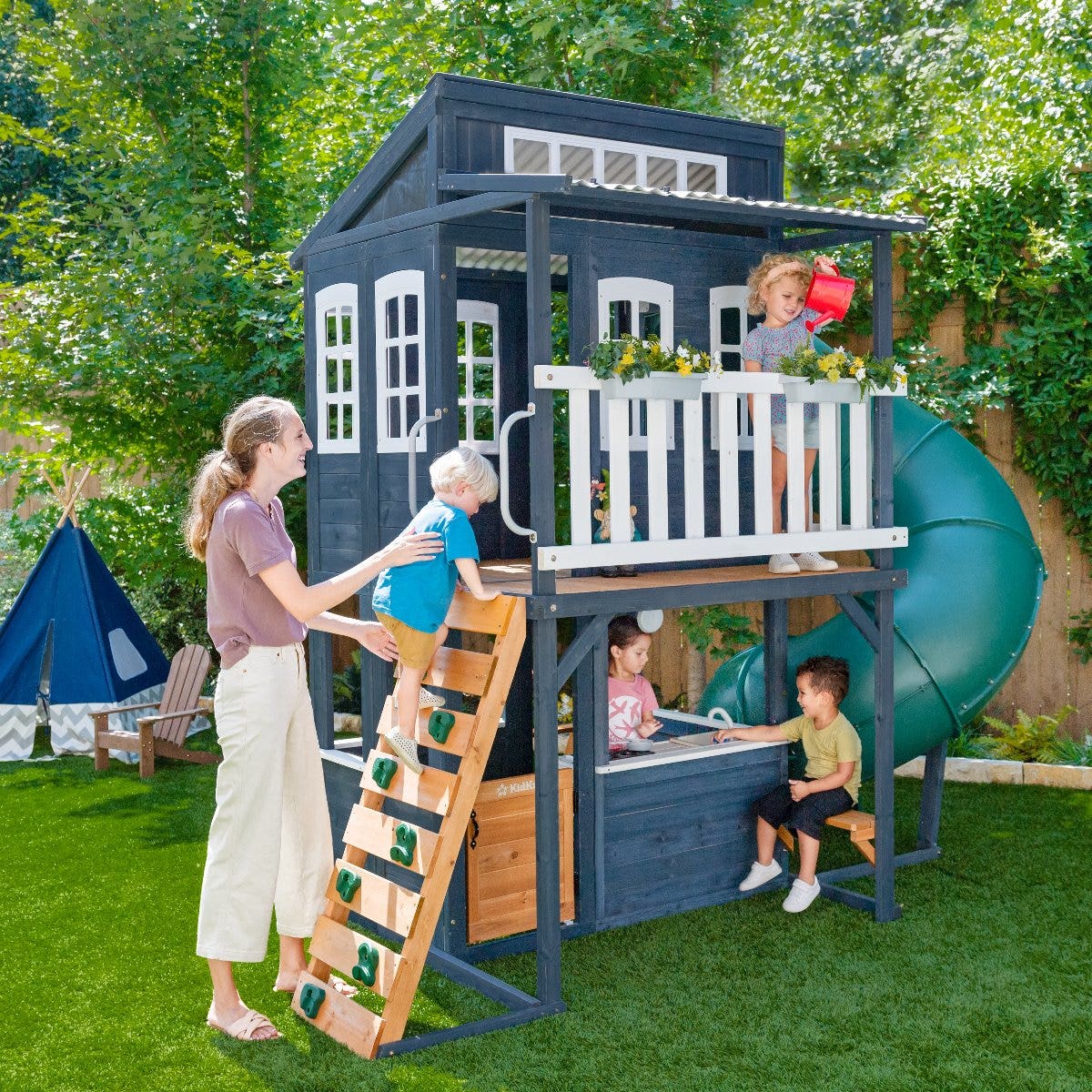 Outdoor Playhouse with Slide and Climbing Wall - Navy