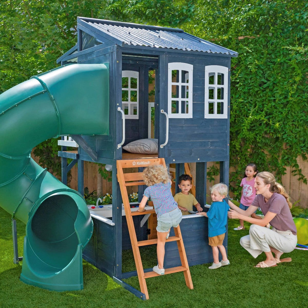 Outdoor Playhouse with Slide and Climbing Wall - Navy