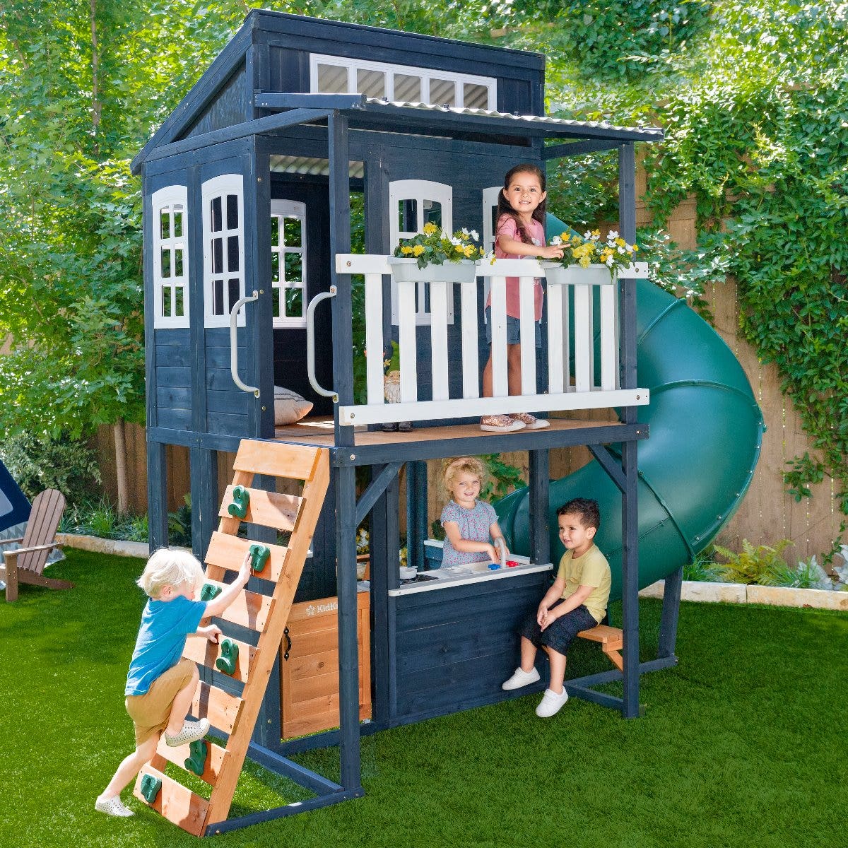 Outdoor Playhouse with Slide and Climbing Wall - Navy