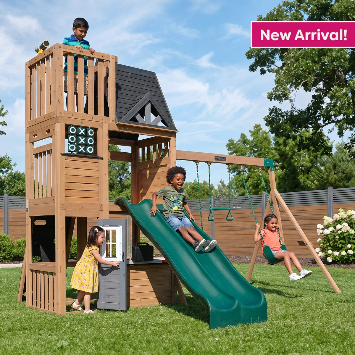 Wooden Outdoor Swing Set with Swings and Wave Slide
