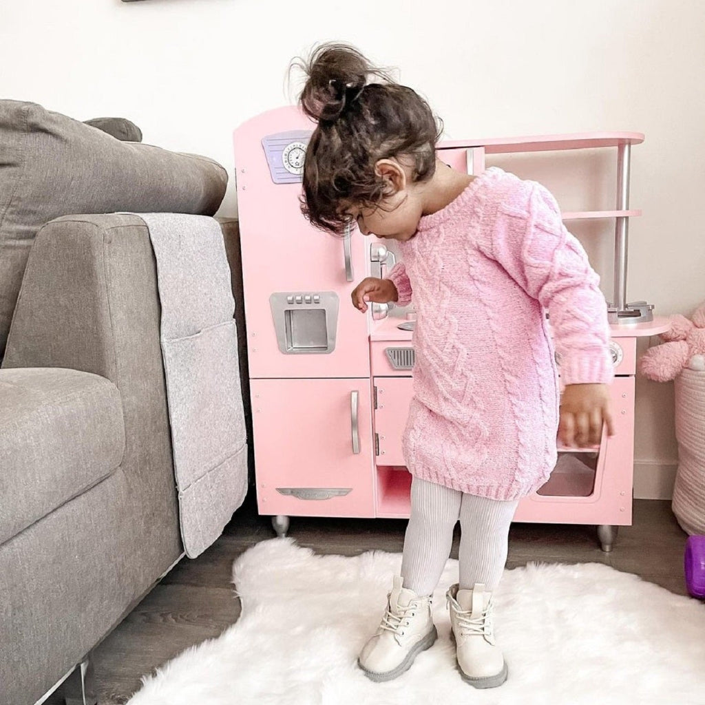 Kids Pretend Play Kitchen with Storage and Toy Refrigerator - Pink / White