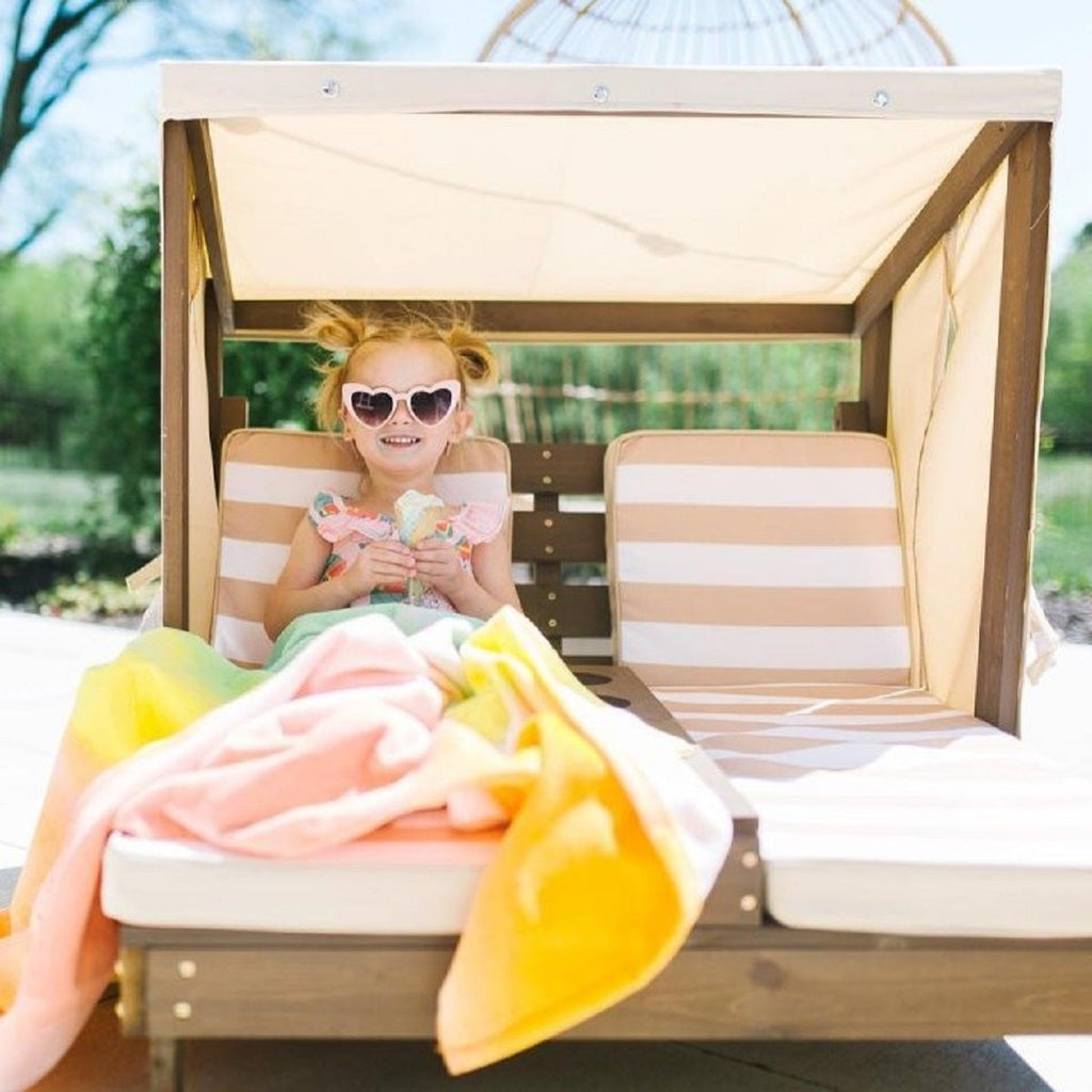 Kids Double Outdoor Chaise Lounge with Cup Holders and Canopy - Espresso / Oatmeal