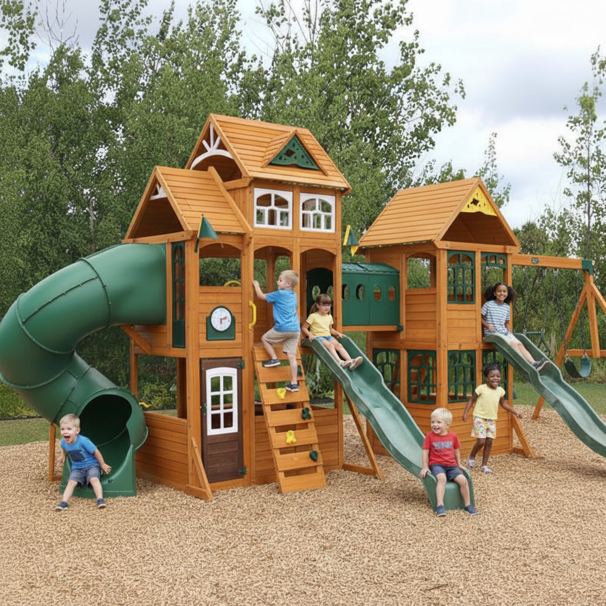 Wooden Outdoor Swing Set with Swings and Wave Slide